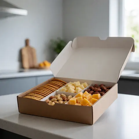 Une boîte à collations ouverte contenant des biscuits du fromage et des noix posée sur un comptoir de cuisine moderne éclairé par la lumière du jour.