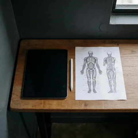 Tableau illustrant l'anatomie musculaire destiné aux entraîneurs de volleyball, posé sur une table en bois avec un stylet et une tablette sous une lumière naturelle.