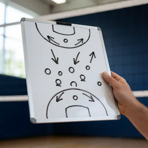 Une main tient un tableau blanc avec des schémas de jeu de volley-ball, flèches et positions, dans un gymnase aux murs bleus.