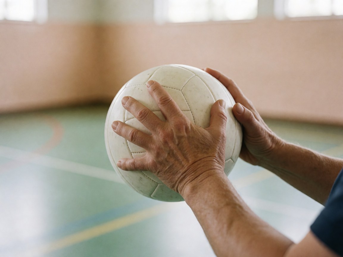Gros plan sur des mains adultes saisissant fermement un ballon de volley-ball dans un gymnase au sol vert et aux murs beige, sous une lumière naturelle douce.