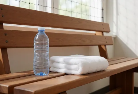 Un banc en bois dans un gymnase abrite une bouteille d'eau et une serviette blanche, évoquant le repos des entraîneurs de volleyball.