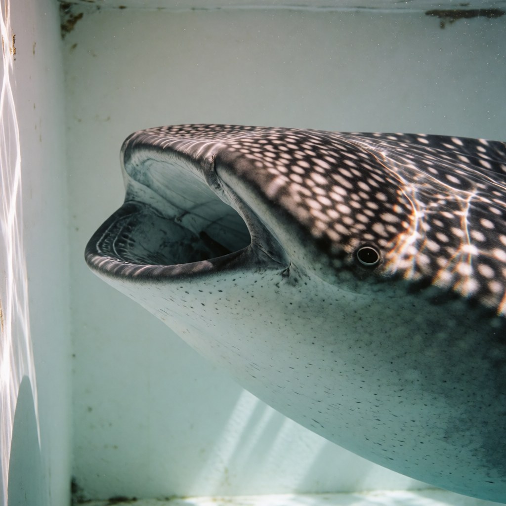 Gros plan sur la tête d'un requin baleine en milieu aquatique, bouche ouverte, peau tachetée visible sous l'éclairage naturel.