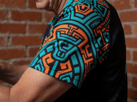 Gros plan sur le bras d'une personne vêtue d'un maillot de sport à motif maya, posé devant un mur en briques rouges.