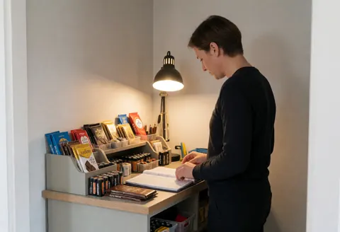 Vue de profil d'une personne consultant un livre sur un comptoir en bois, entourée de chocolat, de piles et d'outils sous l'éclairage d'une lampe dans un refuge de montagne.