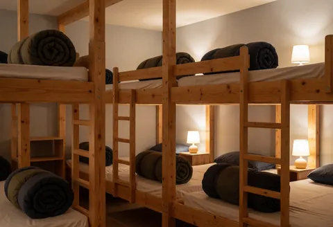 Intérieur d'un refuge de montagne présentant des lits superposés en bois, des couvertures roulées et une lumière douce créant une ambiance conviviale pour les randonneurs.