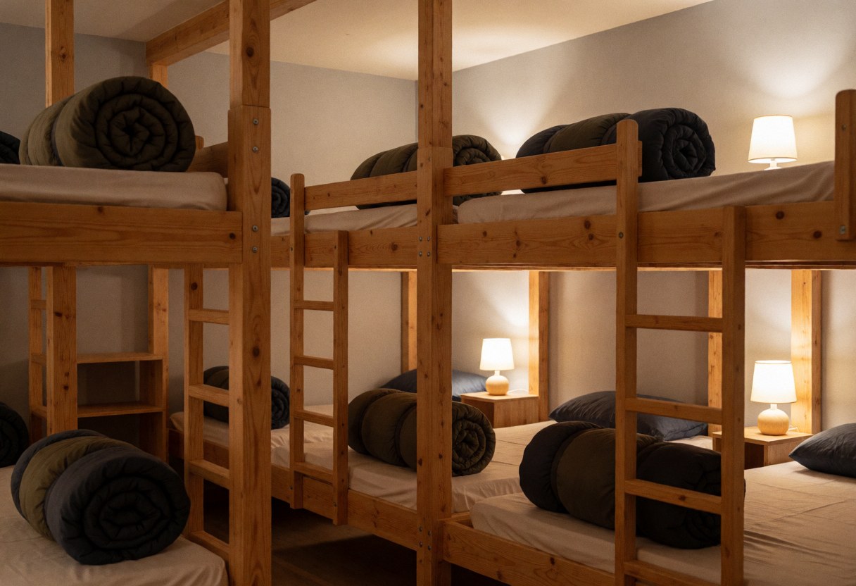 Intérieur d'un refuge de montagne présentant des lits superposés en bois, des couvertures roulées et une lumière douce créant une ambiance conviviale pour les randonneurs.