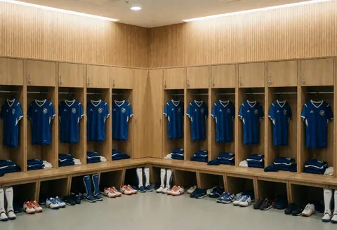 Vestiaire moderne avec des uniformes bleus suspendus, des chaussures et des genouillères au sol, des murs en bois clair et un éclairage doux.