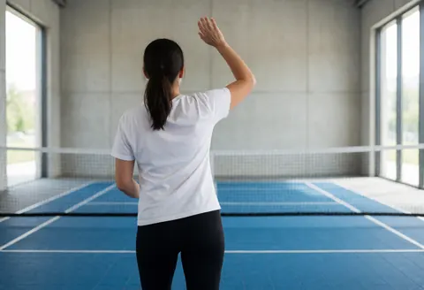 Vue arrière d'une entraîneuse de volley-ball se préparant à servir sur un terrain intérieur avec sol bleu et lignes blanches, face au filet.