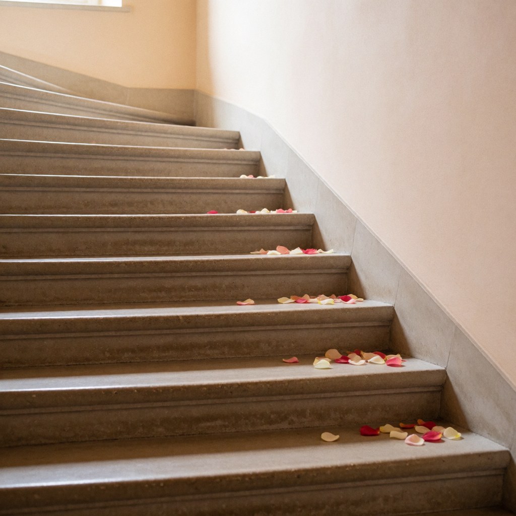Des escaliers en pierre ornés de pétales de rose dispersés sur les marches, avec un mur beige en arrière-plan et une lumière douce créant une atmosphère festive.