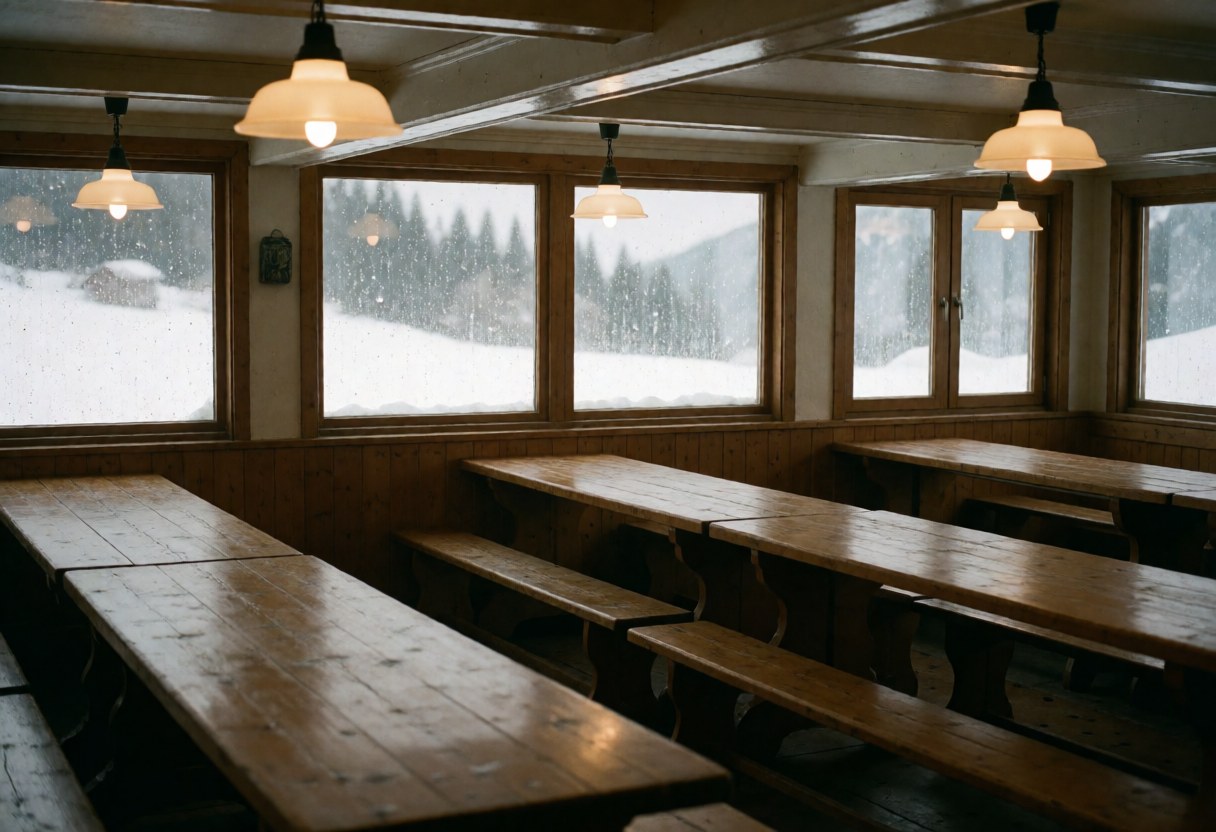 Intérieur d'un refuge de montagne vide avec tables rustiques, bancs, suspensions et fenêtres montrant la neige tombante. Ambiance chaleureuse.