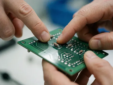 Des mains d'adulte règlent un composant électronique coloré sur une plaque de circuit imprimé verte avec des traces métalliques visibles.