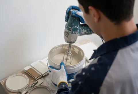 Un peintre portant des gants utilise un malaxeur électrique pour mélanger de la peinture dans un récipient, avec des échantillons de couleur et un mur blanc en arrière-plan.