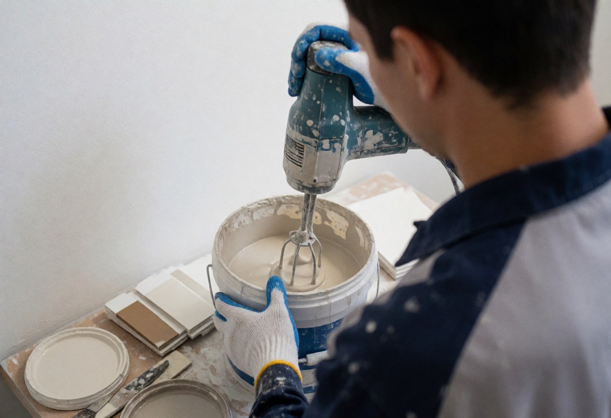 Un peintre portant des gants utilise un malaxeur électrique pour mélanger de la peinture dans un récipient, avec des échantillons de couleur et un mur blanc en arrière-plan.