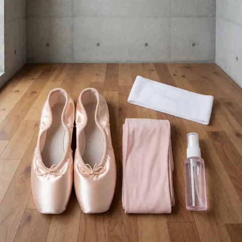 Chaussures de ballet roses, collants, bandeau et spray pour cours de danse disposés sur un plancher en bois clair.