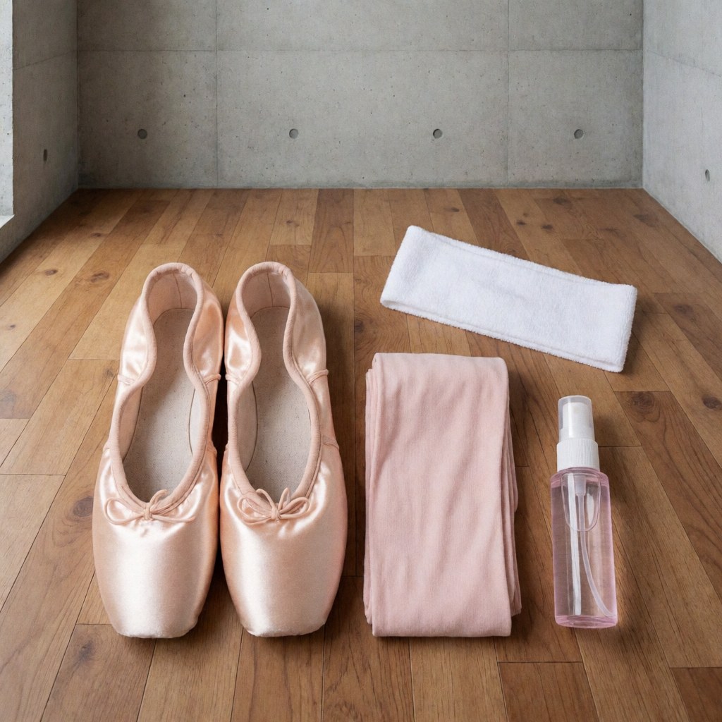 Chaussures de ballet roses, collants, bandeau et spray pour cours de danse disposés sur un plancher en bois clair.