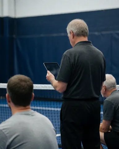 Vue arrière d'un entraîneur de volley-ball tenant une tablette sur un terrain bleu avec des joueurs en arrière-plan.