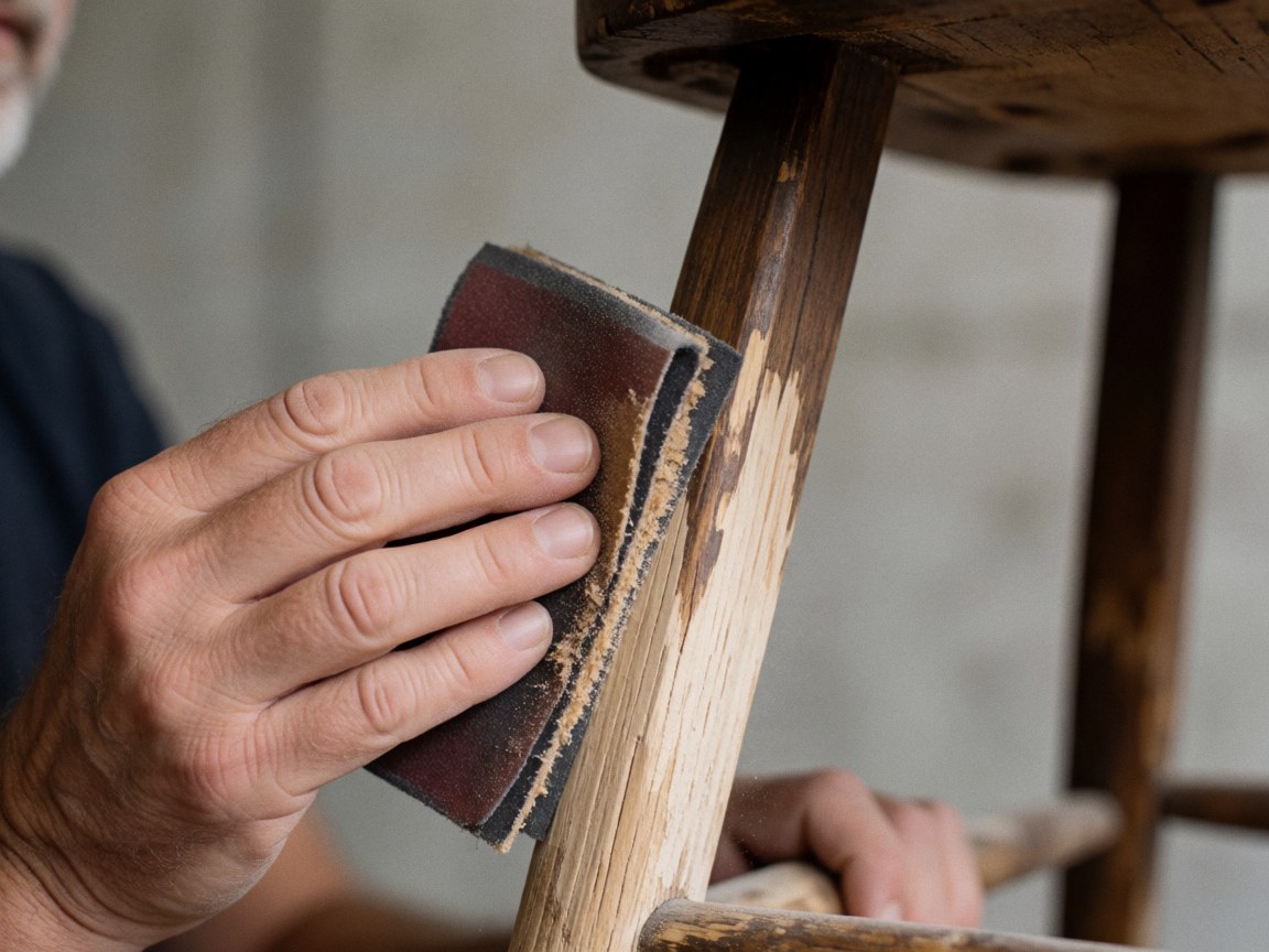 Main d'artisan utilisant du papier abrasif pour lisser une chaise en bois, révélant le grain et les copeaux dans un atelier aux murs en béton.