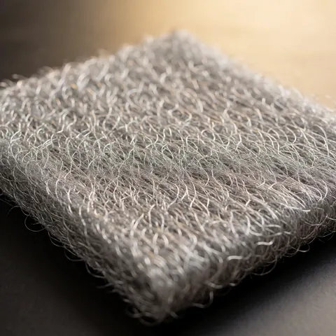 Gros plan d'un chiffon abrasif en fil d'acier utilisé pour le ponçage de surfaces en bois, présentant une texture brillante sur un fond sombre.