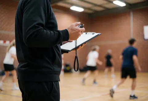 Un entraîneur de volley-ball observe ses joueurs pendant un entraînement en salle, tenant un chronomètre et un tableau tactique.