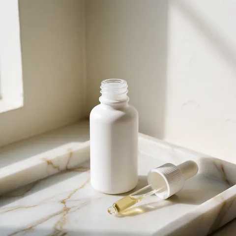 Flacon blanc de sérum avec pipette posé sur une tablette en marbre sous un éclairage naturel doux dans un environnement minimaliste et élégant.