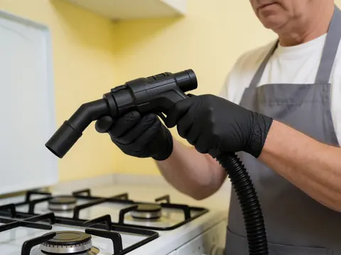 Un technicien en gants noirs et tablier gris utilise un aspirateur pour nettoyer une cuisinière à gaz sur fond de murs jaunes clairs.