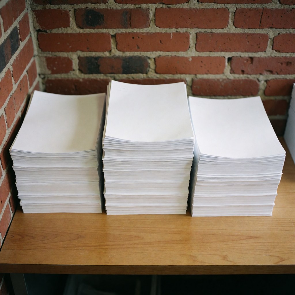 Trois piles de papier blanc disposées sur une table en bois avec un mur de briques rouges en arrière-plan, éclairage naturel et propre.