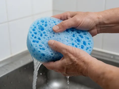 Des mains adultes pressent une éponge bleue produisant des bulles et de l'eau, sur un fond de plan de travail en acier inoxydable et de carreaux blancs.