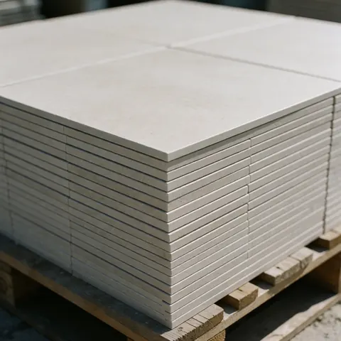 Carreaux de porcelaine à finition mate empilés proprement sur une palette en bois, éclairage naturel, idéal pour piscines.