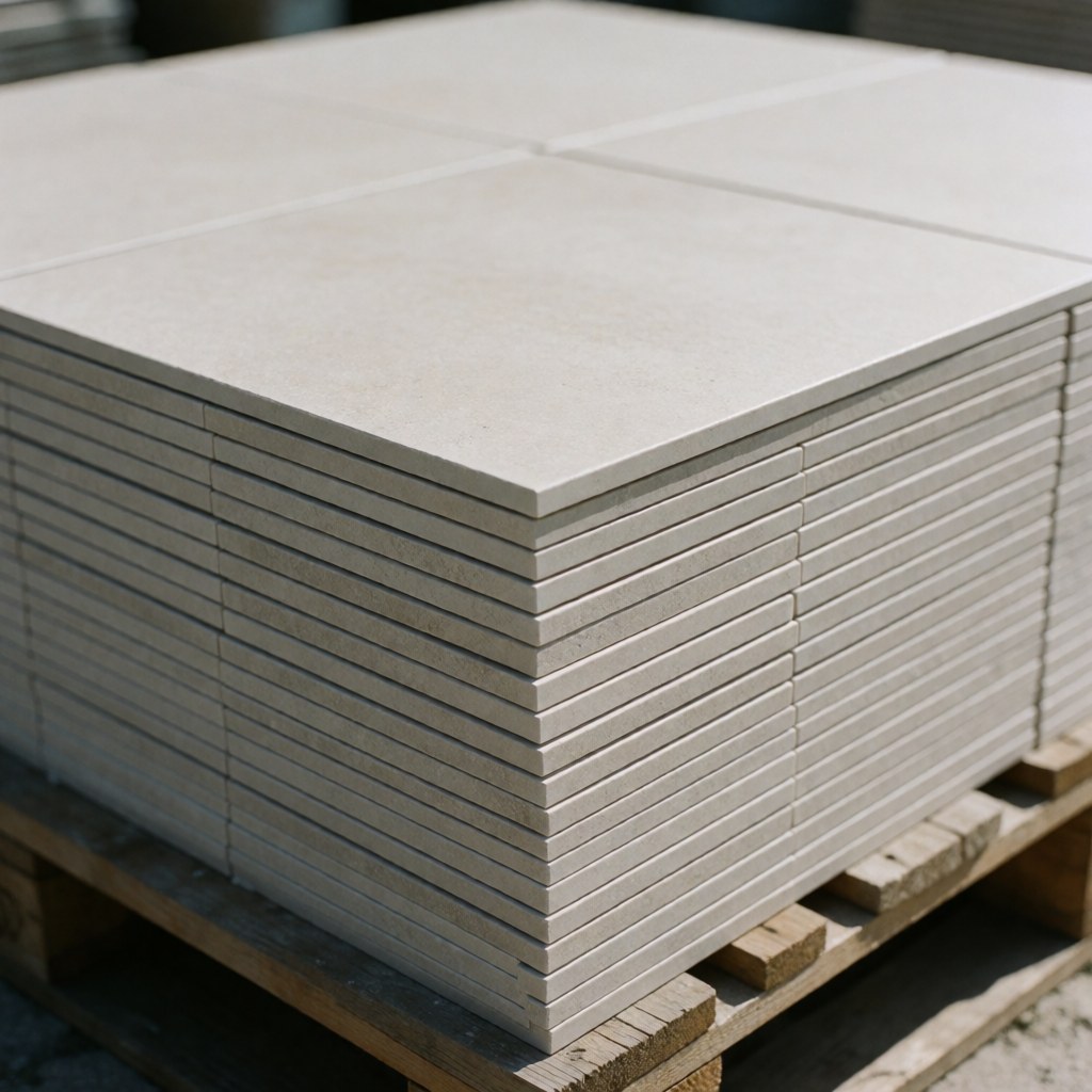 Carreaux de porcelaine à finition mate empilés proprement sur une palette en bois, éclairage naturel, idéal pour piscines.