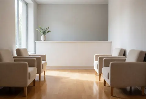 Intérieur lumineux d'une clinique de dermabrasion avec salon d'attente calme, fauteuils beiges, comptoir blanc, mur gris clair et sol en bois clair.