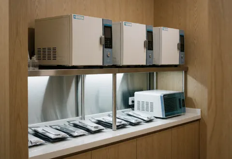 Trois autoclaves et des instruments dans des sacs sur une table blanche, avec des murs en bois clair et une lumière vive dans une clinique de soins.