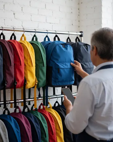 Vue arrière d'un client adulte touchant un sac à dos bleu suspendu tout en tenant un téléphone pour comparer les prix dans une papeterie.