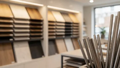 Fond professionnel pour textes avec échantillons de bois et profils métalliques dans un showroom, éclairage chaud et neutre, idéal pour les installateurs d'escaliers.