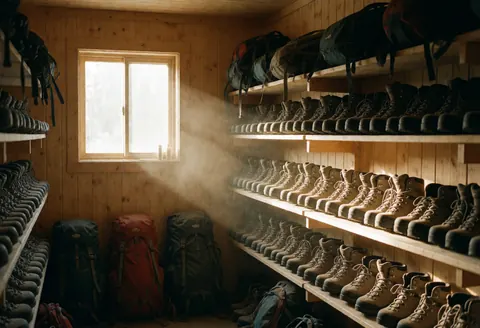 Intérieur d'un refuge de montagne avec des bottes et des sacs à dos rangés sur des étagères en bois, éclairage naturel par une fenêtre et poussière dans l'air.