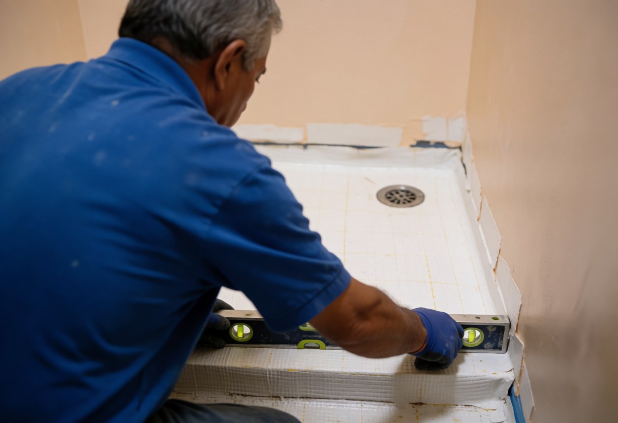 Un installateur de salles de bains utilise un outil pour ajuster le niveau de la base de douche, avec des murs beiges, un travail propre et précis.