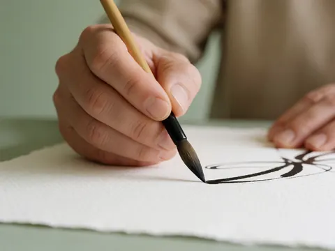 Une main adulte saisit un pinceau à poils fins pour tracer des lignes d'encre noire sur du papier aquarelle, devant un fond vert pâle éclairé par une lumière douce.