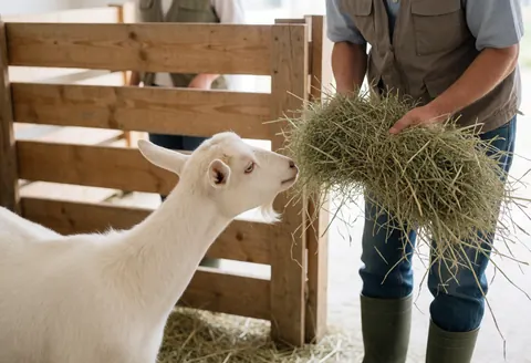 Un homme en bottes et gilet tend du foin à une chèvre blanche dans un enclos en bois, sous un éclairage naturel.