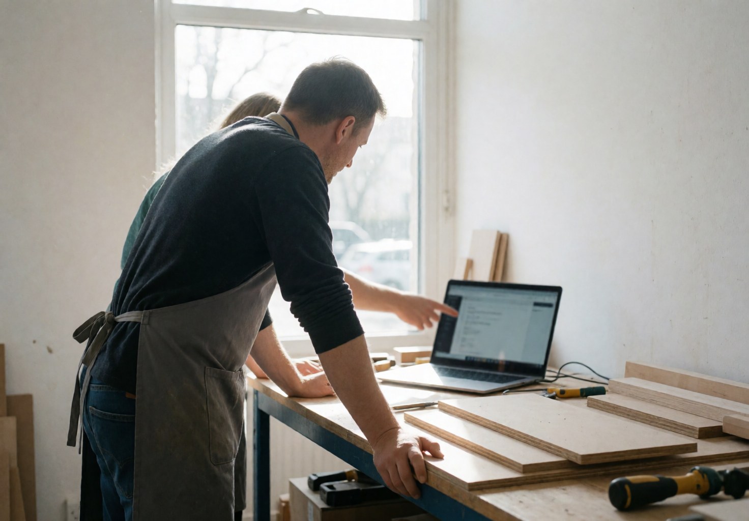 Un mentor et un étudiant collaborent dans un atelier de robotique, utilisant des outils et une tablette sur une table.