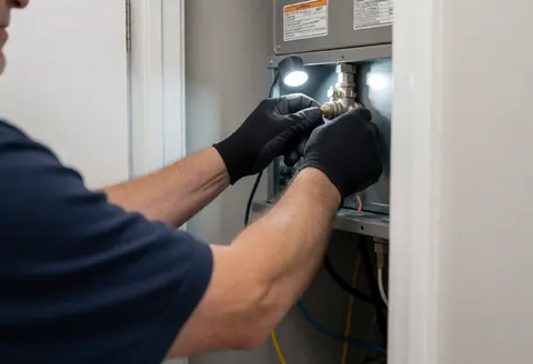 Un technicien en gants noirs ajuste une vanne métallique sur un équipement de chauffage dans un placard, éclairage vif sur les mains et le mécanisme.