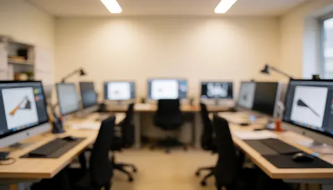 Fond professionnel de studio de design avec bureaux, écrans et chaises flous, éclairage chaleureux et ambiance de travail créatif.