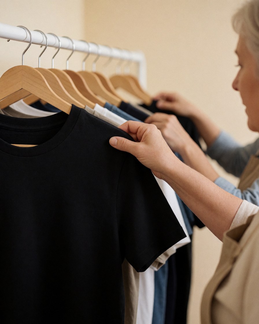 Une femme adulte sélectionne un t-shirt noir en coton sur une perche. On voit la texture du tissu et sa main tenant le vêtement, avec un fond flou et des murs clairs.