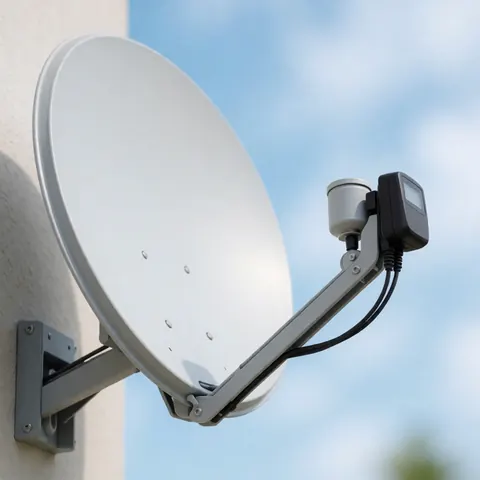 Antenne satellite blanche fixée au mur sur fond de ciel bleu flou, idéale pour les professionnels de l'installation.