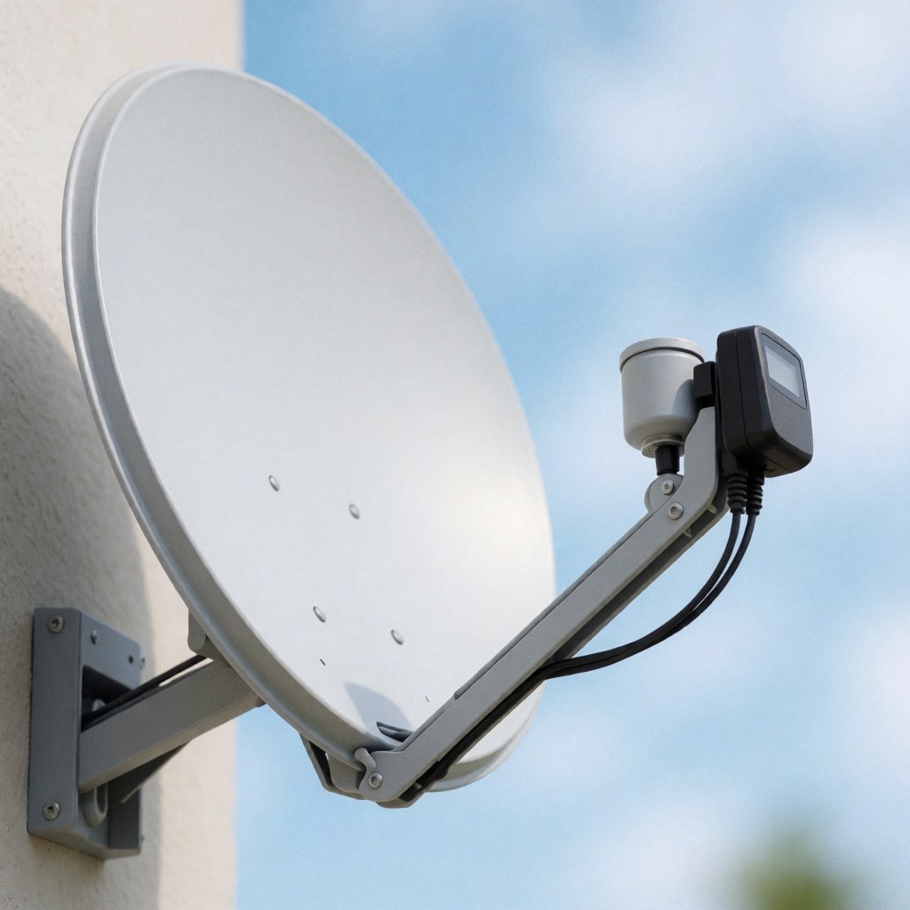 Antenne satellite blanche fixée au mur sur fond de ciel bleu flou, idéale pour les professionnels de l'installation.