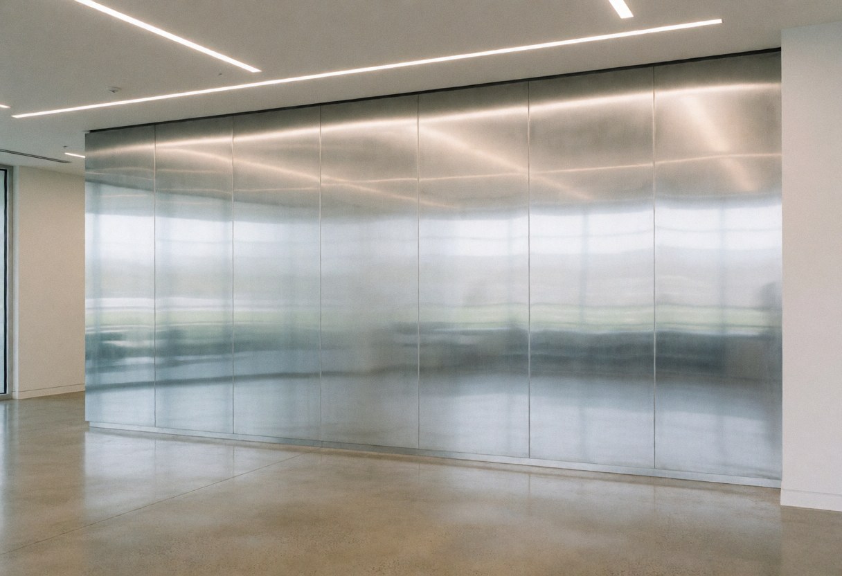 Mur en métal poli dans un bureau moderne, reflète les lumières linéaires du plafond, sol en béton poli, ambiance corporative vide et propre.