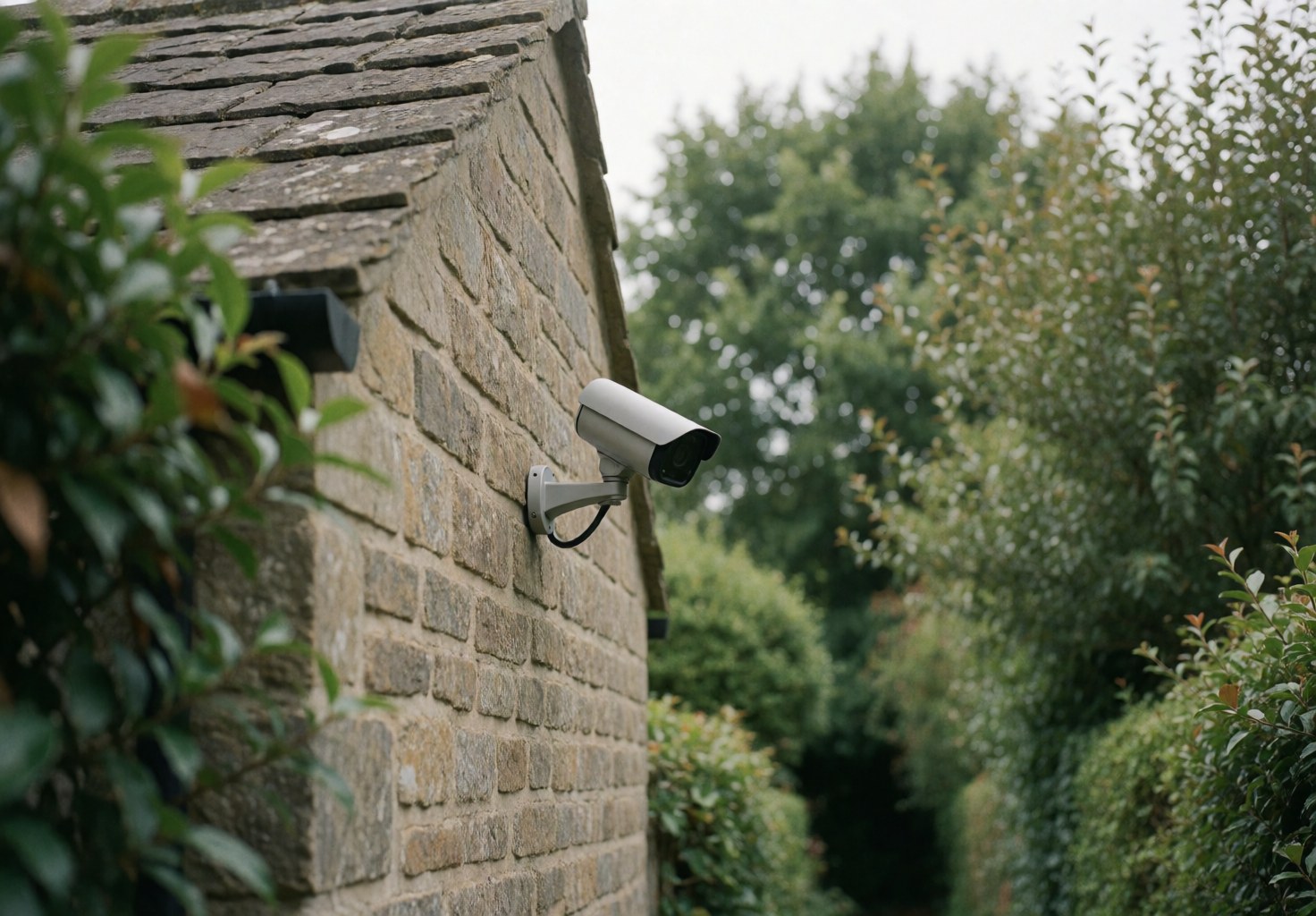 Caméra de surveillance moderne fixée sur un mur de pierre extérieur, entourée de végétation floue, évoquant la protection du domicile et la sécurité périmétrique.