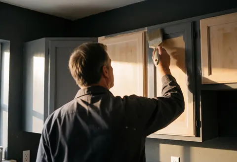Un technicien peint avec un pinceau le contour d'une porte de cuisine. La lumière du coucher de soleil éclaire des murs gris et des portes partiellement peintes.