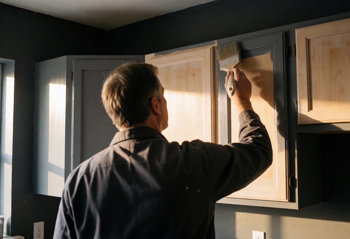 Un technicien peint avec un pinceau le contour d'une porte de cuisine. La lumière du coucher de soleil éclaire des murs gris et des portes partiellement peintes.
