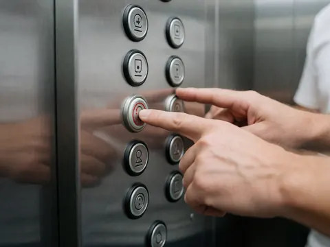Près d'un panneau de contrôle en acier inoxydable, une main appuie sur un bouton rouge d'urgence. Les boutons présentent des signes d'usure. L'arrière-plan est flou.