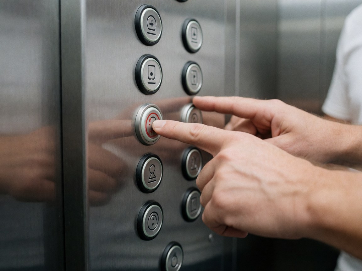 Près d'un panneau de contrôle en acier inoxydable, une main appuie sur un bouton rouge d'urgence. Les boutons présentent des signes d'usure. L'arrière-plan est flou.