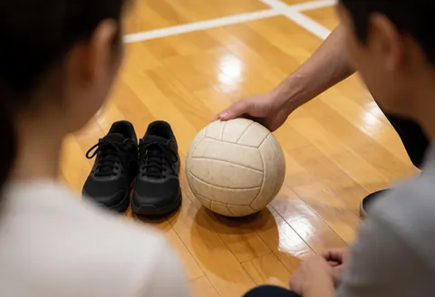 Un entraîneur de volley-ball ajuste un ballon sur un sol en bois, près de chaussures de sport, avec deux personnes observant depuis l'arrière.
